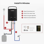 CAMPLUX 1.32 GPM Portable Water Heater, 5L Tankless Water Heater Propane Outdoor, AY132B, Black
