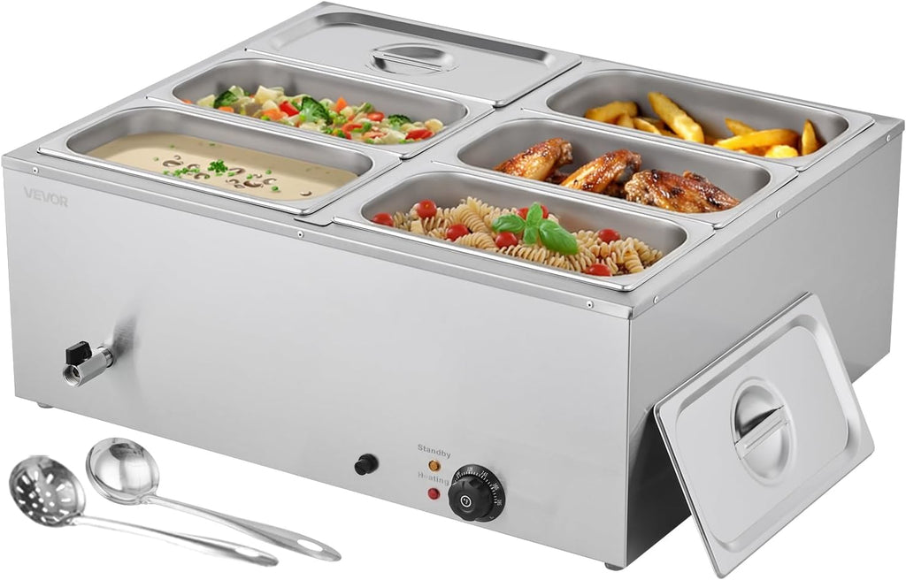 VEVOR 6-Pan Commercial Food Warmer 1500W Electric Steam Table 48QT 6x1/3Pan