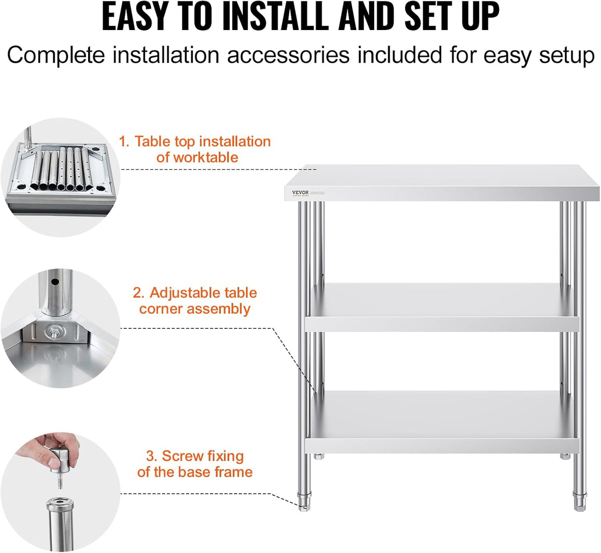 VEVOR Stainless Steel Food Prep Table, 18 x 36 x 34 Inch Commercial Kitchen Worktable, with 2 Adjustable Undershelf, Heavy Duty Prep Metal Work Table
