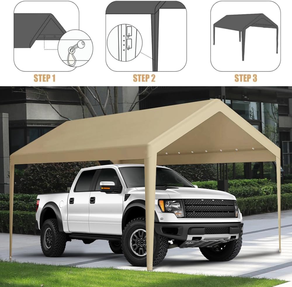 Carport Replacement Canopy, Replacement Top Cover for 10' x 20' Carport Frame, 180G PE Fabric Waterproof & UV Protected Tarp with Ball Bungees, Beige