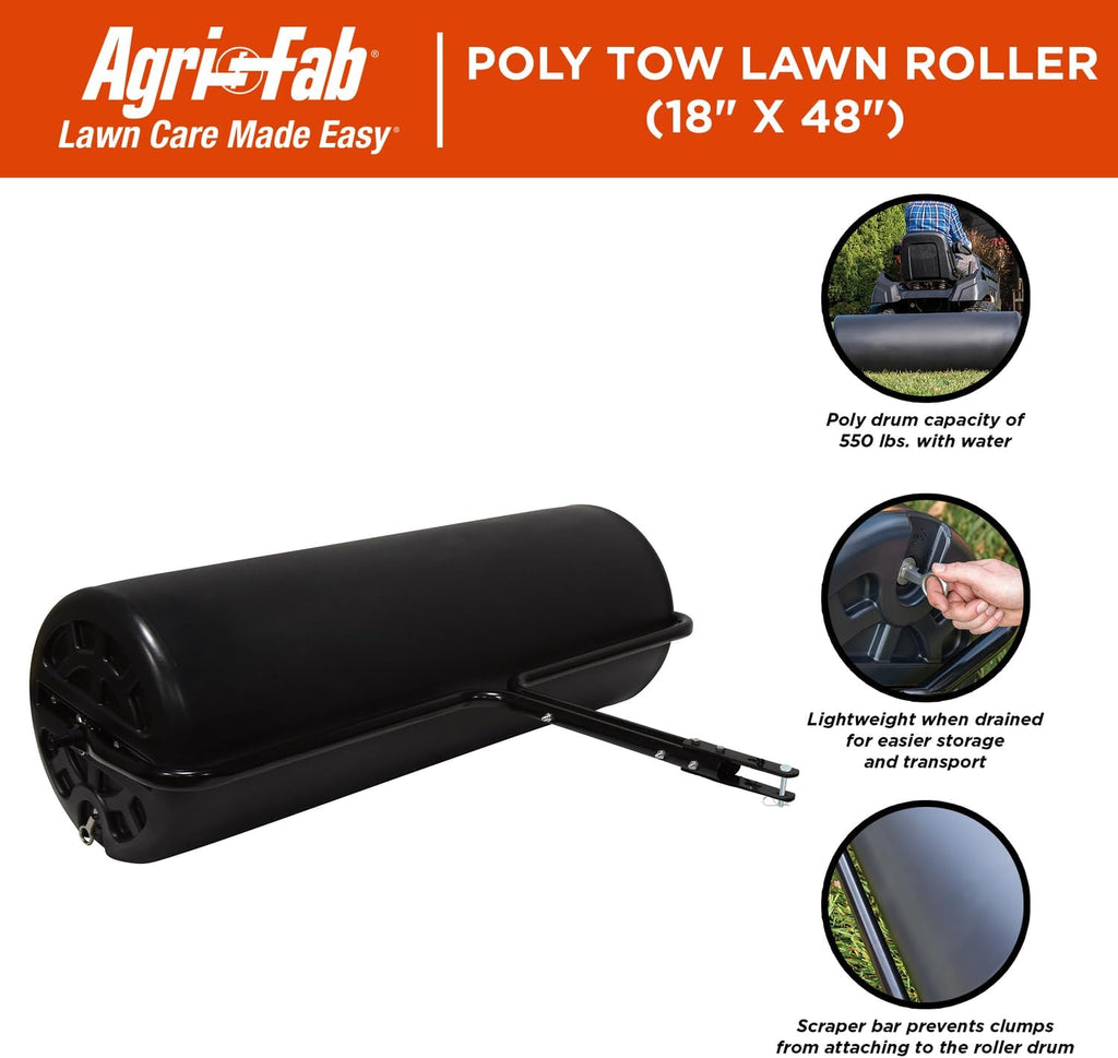 Agri-Fab 18 in x 48 in Tow Behind Poly Lawn Roller for Lawn and Garden Tractors, 550 lb Water Capacity, Made in USA