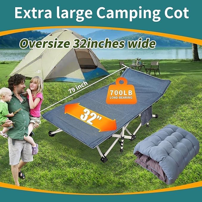 Oversize 32" Camping Cot with Mattress, 900LBS Camping cots for Adults