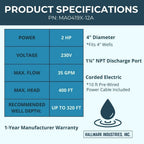 Hallmark Industries MA0419X-12A Deep Well Submersible Pump, 2 HP, 230V, 35 Gpm, 420 feet, Stainless Steel