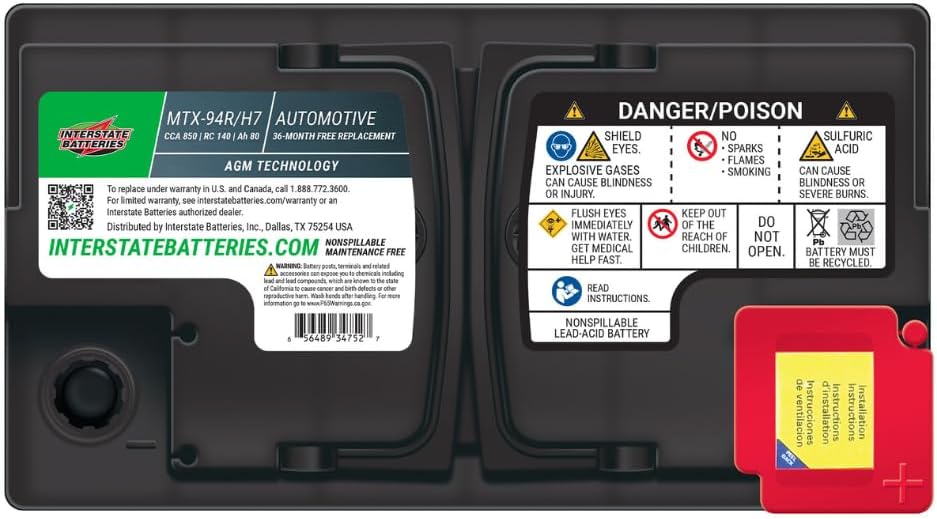 Interstate Batteries Car Battery 12V 80Ah 850CCA Group H7, 94R AGM