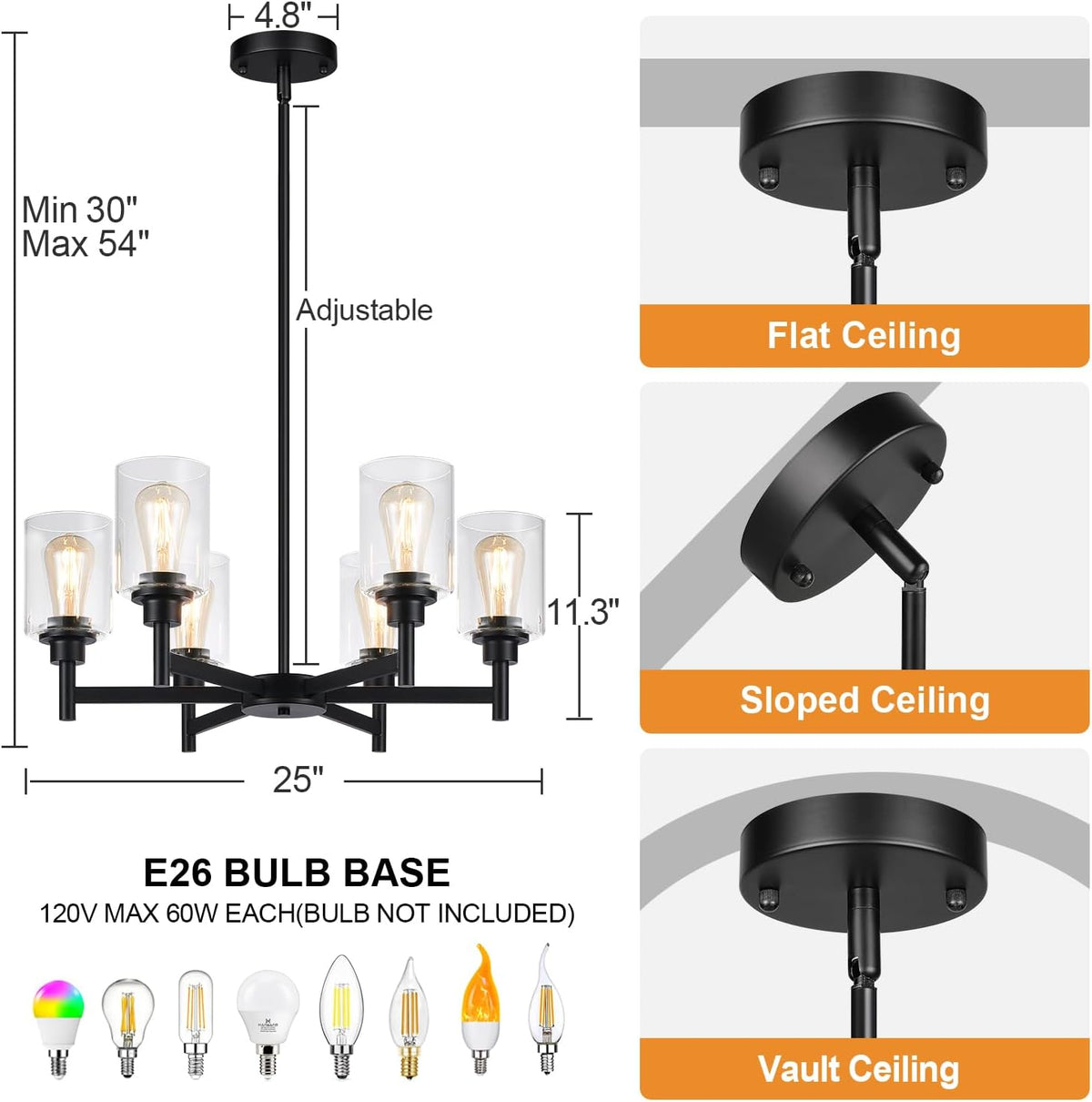 Black Chandelier, 6-Light Dining Room Light Fixtures Over Table