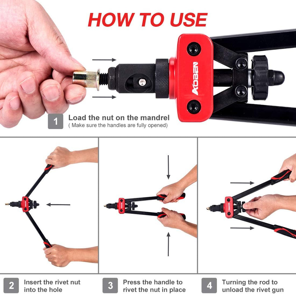 AOBEN 14" Rivet Nut Tool, Professional Hand Rivet Nut Setter Kit Labor-Saving and Compact Design Including 6 Interchangeable Mandrels 90pcs Rivnuts