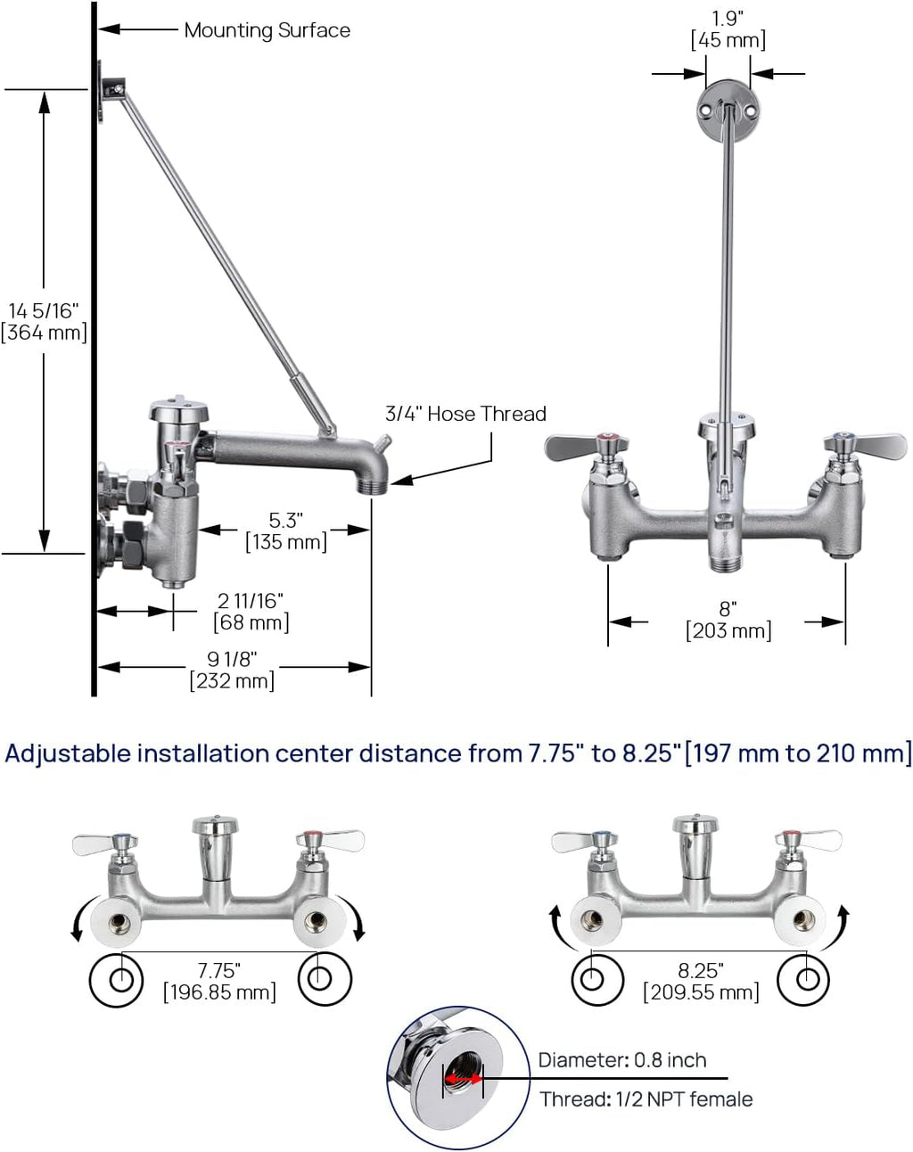 8 Center Commercial Mop Sink Faucet with Vacuum Breaker Wall Mount