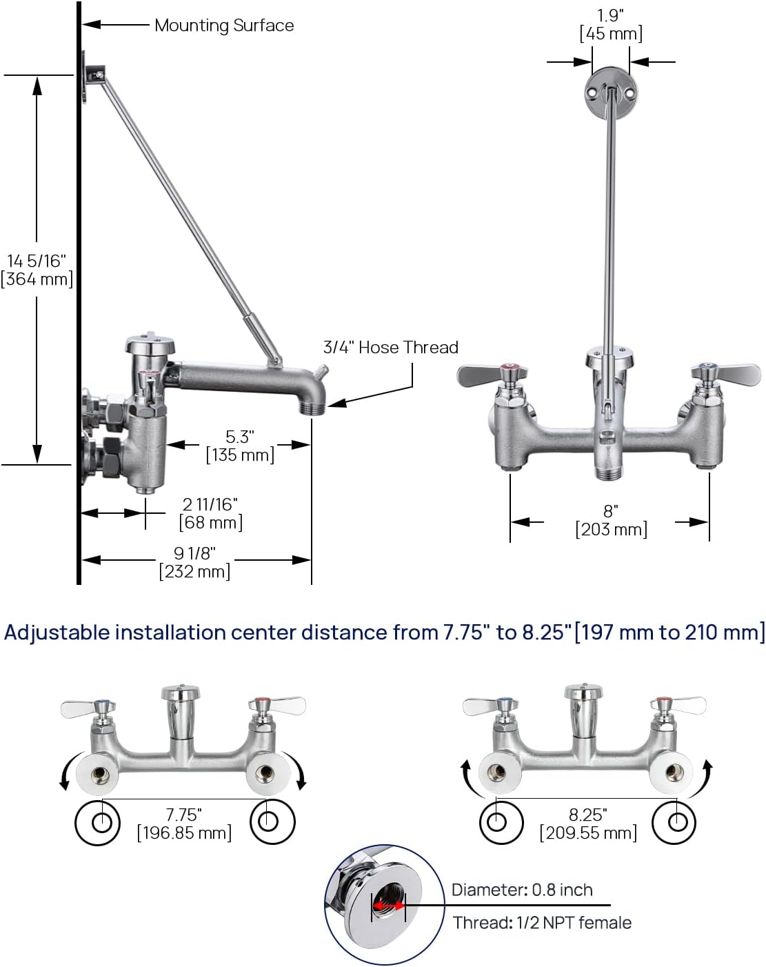 8 Center Commercial Mop Sink Faucet with Vacuum Breaker Wall Mount
