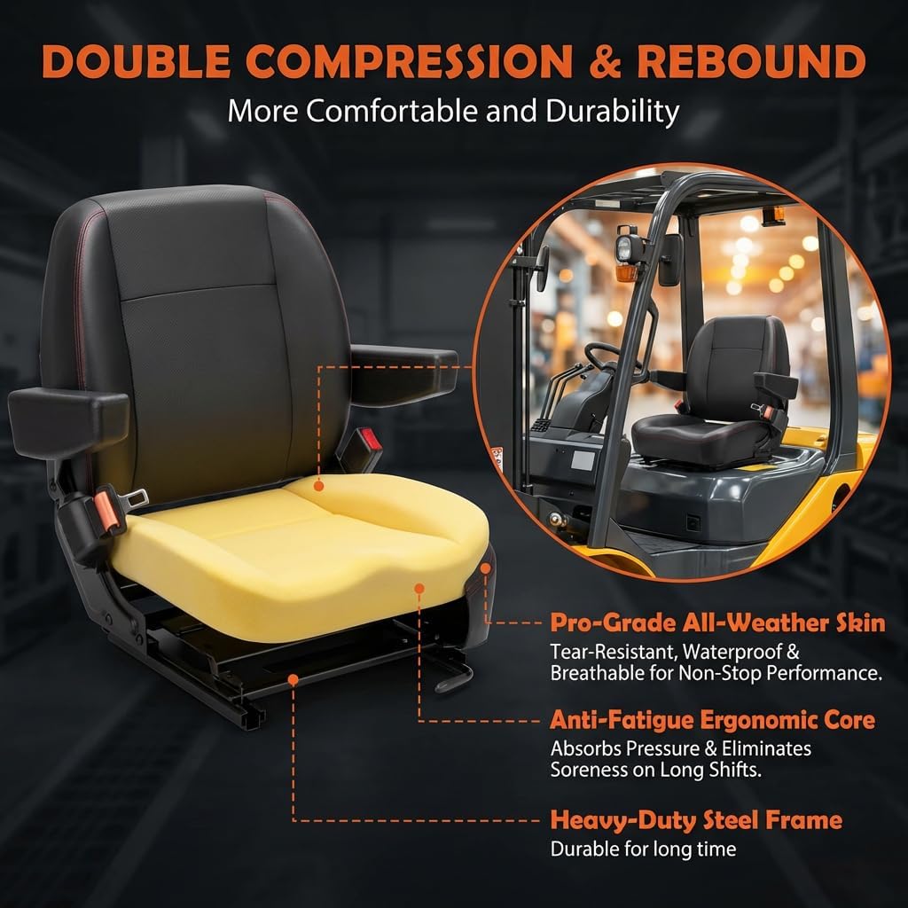 Universal Forklift Seat,Tractor Seat,with Micro Switch,Armrest and Safety Belt,for Tractor,Mower,Skid Loader,Telehandler,Backhoe,Excavator Dozer…