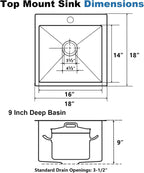 18x18 Inch Drop In Black Bar Sink, 18 Inch Gunmetal Black Small Kitchen Sink, Stainless Steel 16 Gauge Single Bowl Laundry Prep RV Sink with Strainer