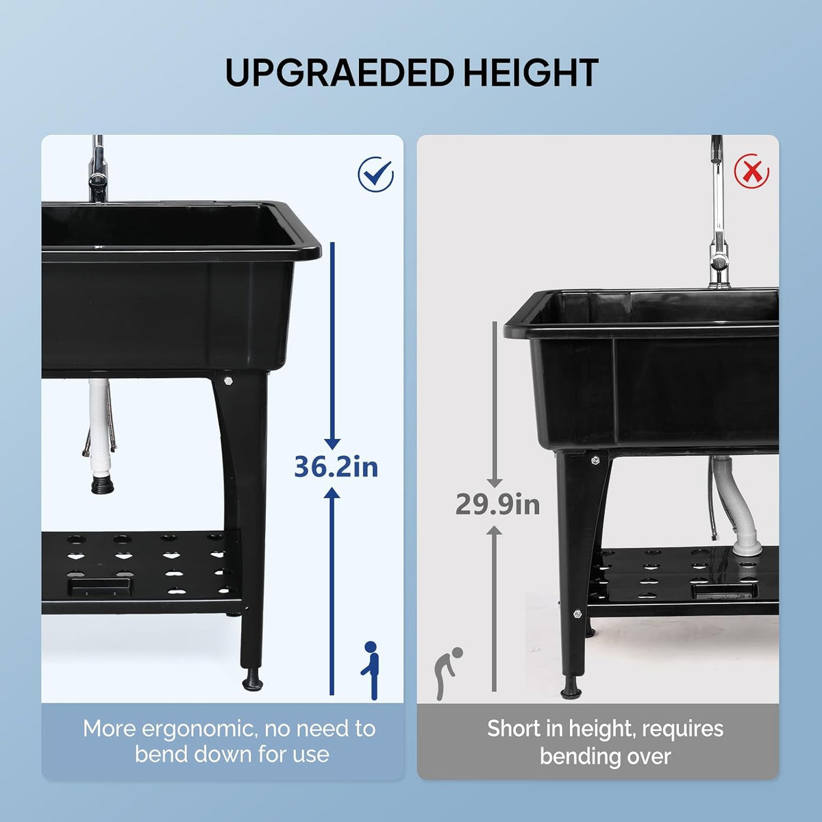 ROVSUN 20-Gallon Black Plastic Utility Sink with Hot & Cold Faucet, 150lbs Load Capacity, Upgraded Height & Version, Use for Laundry Room, Garage