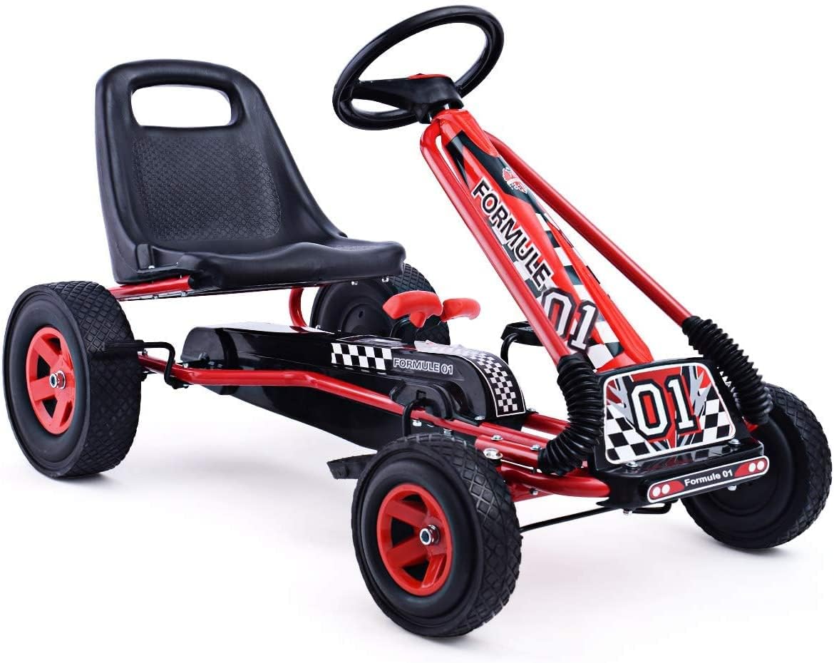 HONEY JOY Go Kart for Kids, 4 Wheel Quad Off-Road Pedal On Foot Go Cart w/Steering Wheels & Adjustable Seat, 2 Safety Brakes, EVA Tires, Clutch