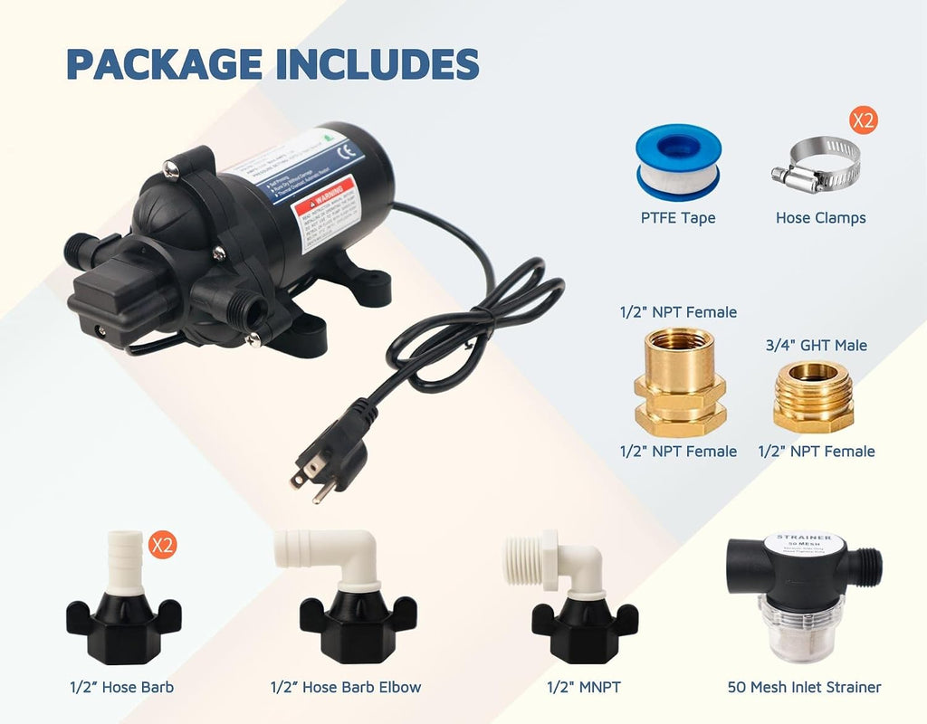 T33 Automatic On-Demand Diaphragm Pump 115Vac, 4.0GPM, 45PSI, Industrial Water Pressure Pump for Kitchen, Bathroom, RV, Marine Yacht, Caravan, Garden