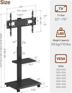 Steel Base Rolling TV Stand for 32-75 inch TVs up to 110 lbs, Black