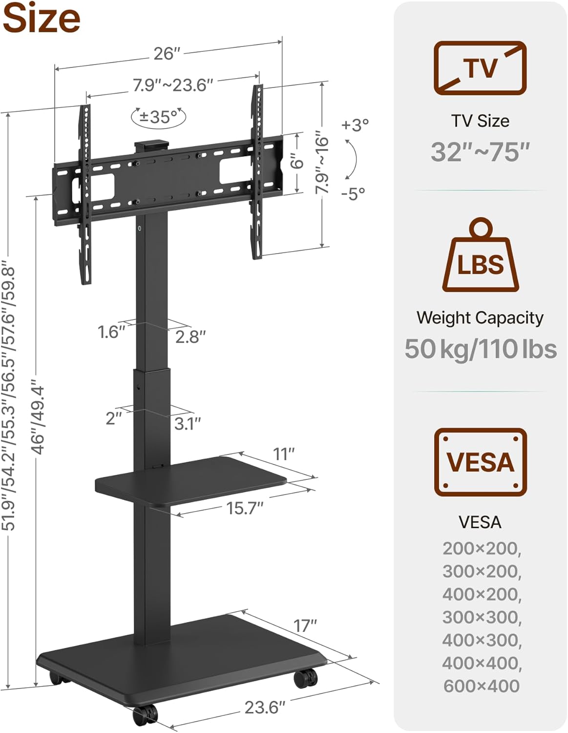 Steel Base Rolling TV Stand for 32-75 inch TVs up to 110 lbs, Black