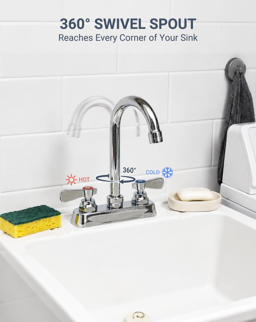 4" Center Utility Sink Faucet with Gooseneck Spout Deck Mount 2 Hole