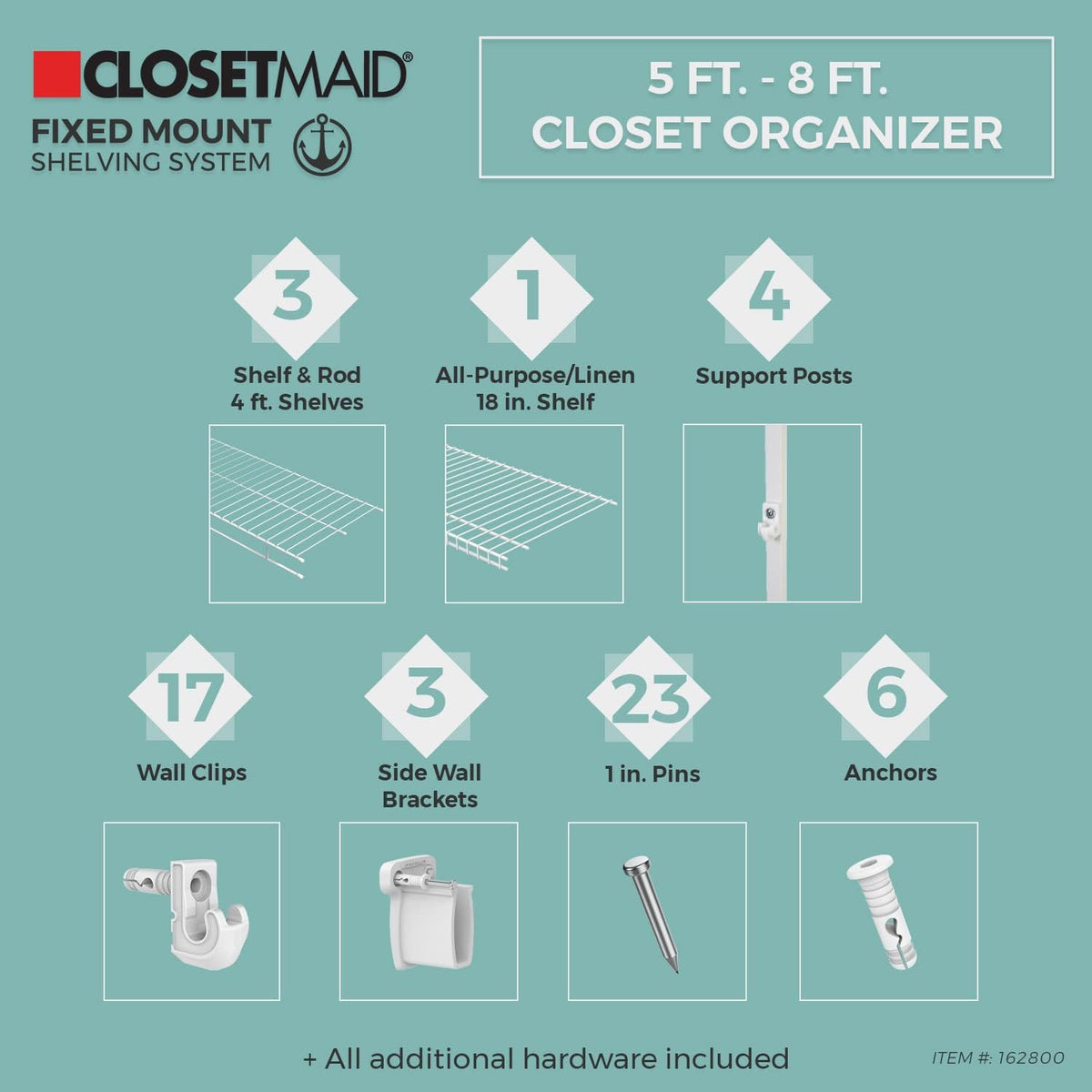 ClosetMaid Wire Closet Organizer System, Adjustable from 5 to 8 Ft., with Shelves, Hardware, Durable Steel, Fixed Mount Installation, White