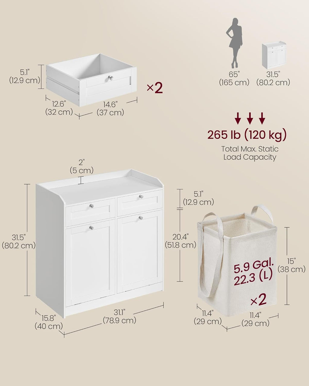 VASAGLE Laundry Cabinet with Tilt-Out Basket, 2 Drawers, 2 Baskets