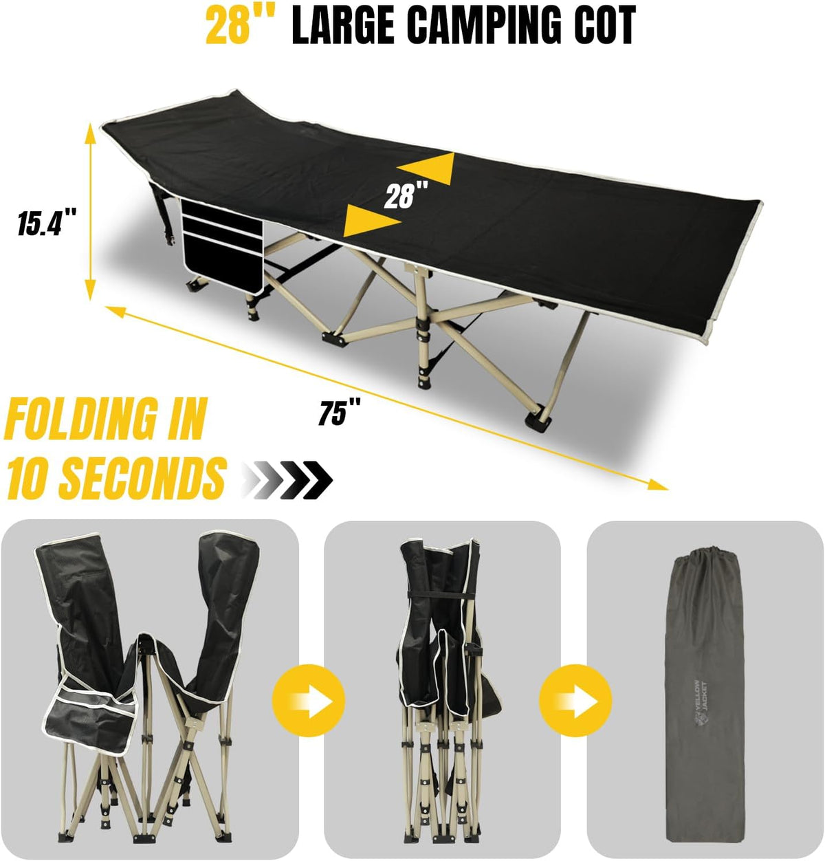 YELLOW JACKET Folding Camping Cot for Adults,600LBS Max Load,28" Wide Sleeping Cot with Removable Thick Mattress Portable Foldable Camping Bed with