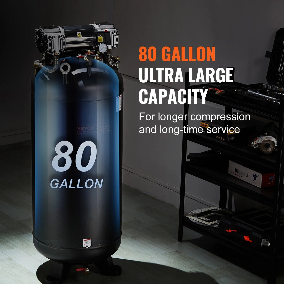 VEVOR 80 Gallon Oil-Free Air Compressor, 6.5 HP, 15.5 SCFM at 90 PSI, 145 PSI - FB3500-10A300-1P