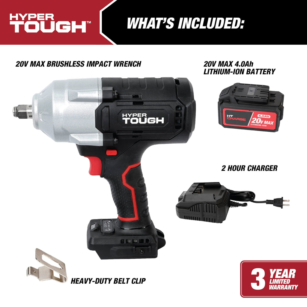 Hyper Tough 20V Max Brushless 1/2 in High-Torque Cordless Impact Wrench with 4 Ah Lithium-Ion Battery and Charger