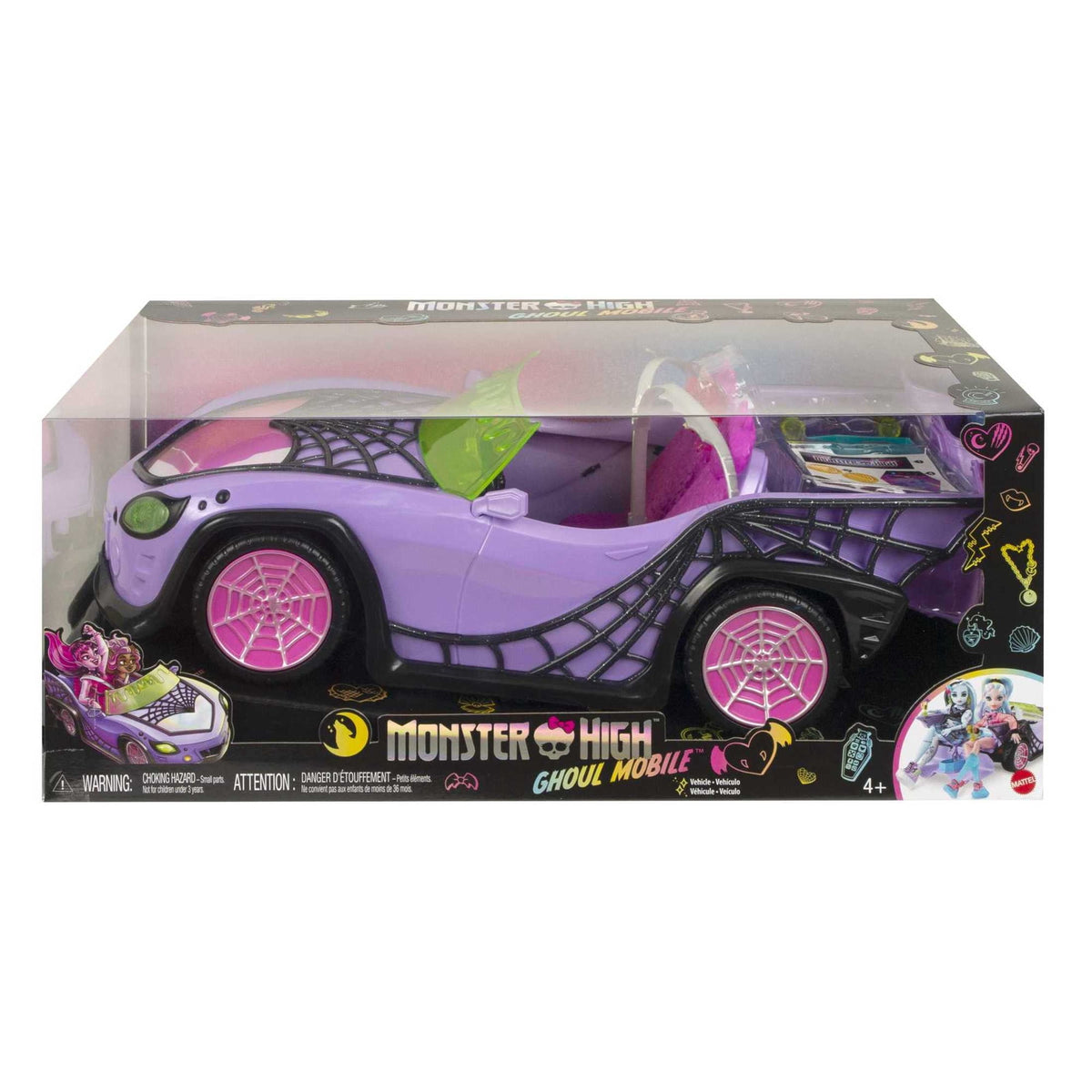 Monster High Ghoul Mobile Toy Car, Purple & Spiderweb Convertible with Pet, Seats 4 Dolls (Dolls Not Inluded)