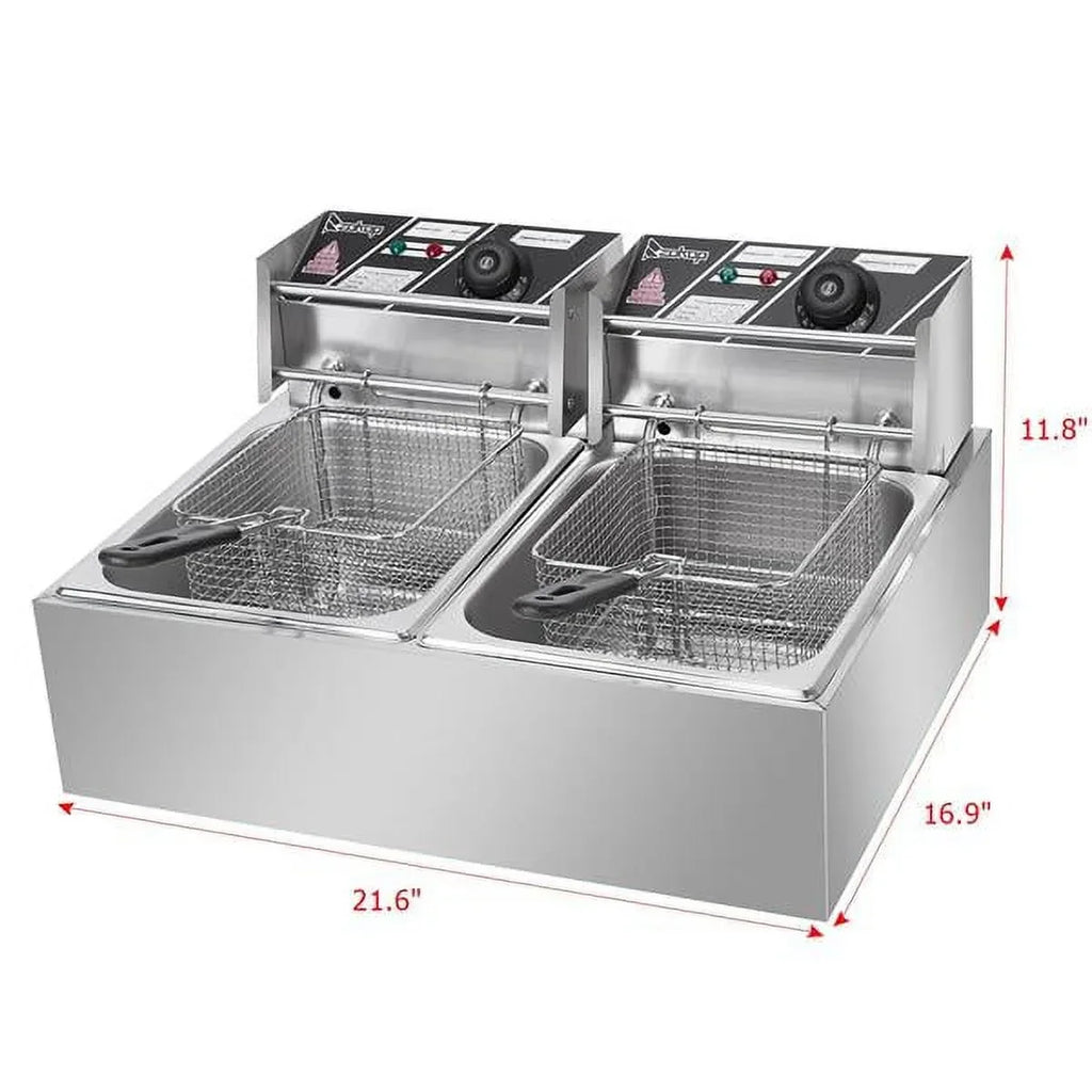 Stainless Steel Double-Cylinder Commercial Electric Deep Fryer, 12.7QT/12L, 5000W