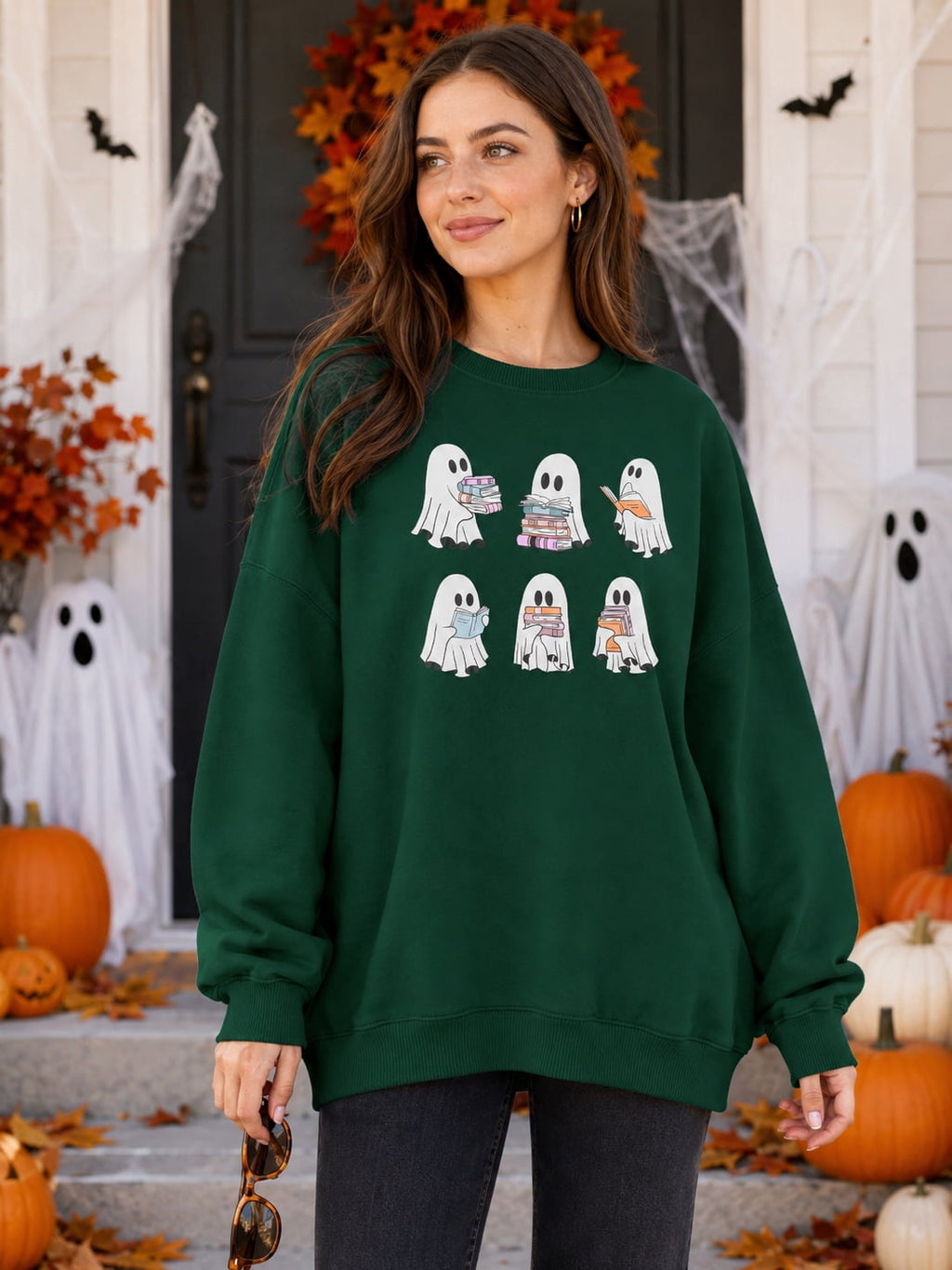 KimSoong Halloween Sweatshirts for Women Ghost Reading Books Sweater Cute Spooky Bookish Shirt Fall Pullover Tops