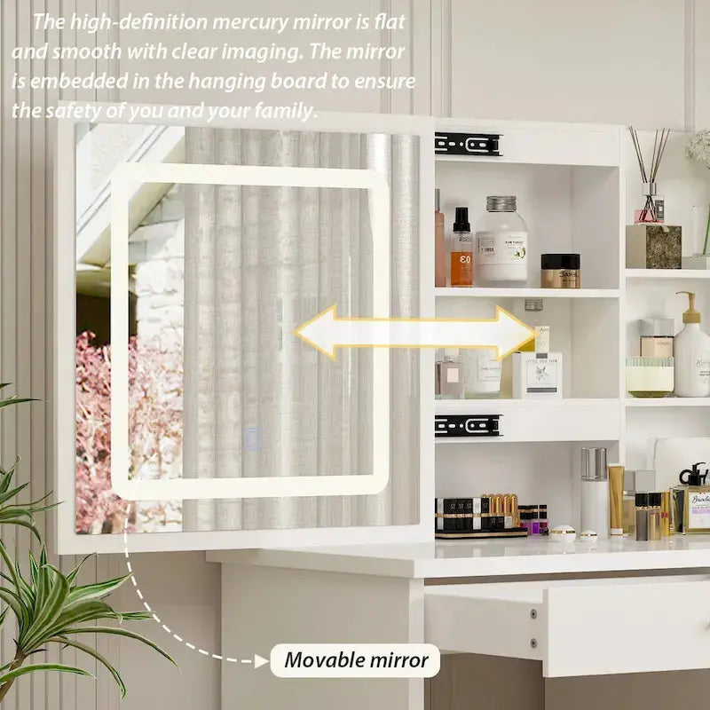 LED Vanity Desk Set With Illuminated Mirror, Stool, 39.4in Wide - White