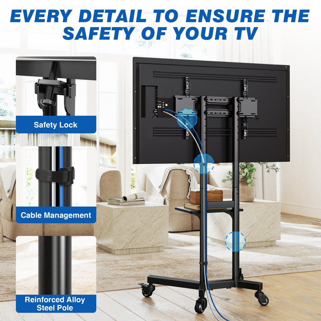 RTVR Modern Rolling TV Cart Stand on Wheels for 32-85 inch TVs, Black Swivel Mount Mobile Base Stand up to 150 lbs