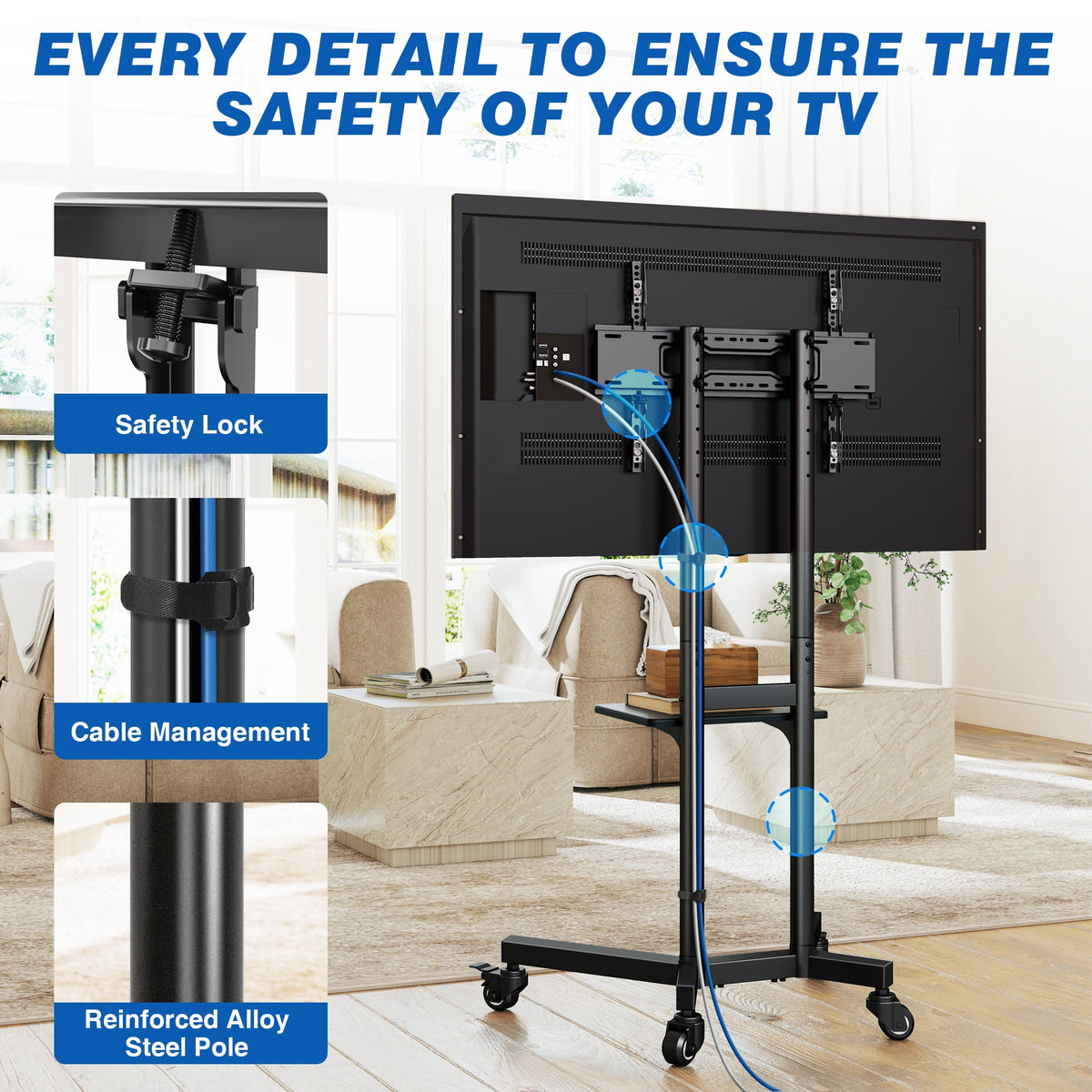 RTVR Modern Rolling TV Cart Stand on Wheels for 32-85 inch TVs, Black Swivel Mount Mobile Base Stand up to 150 lbs