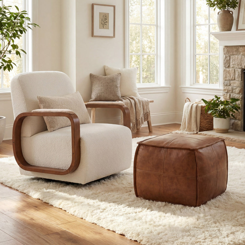 Poshby Genuine Leather Pouf Ottoman with Handmade Stuffed Foot Stool for Living Room&Bedroom, Brown