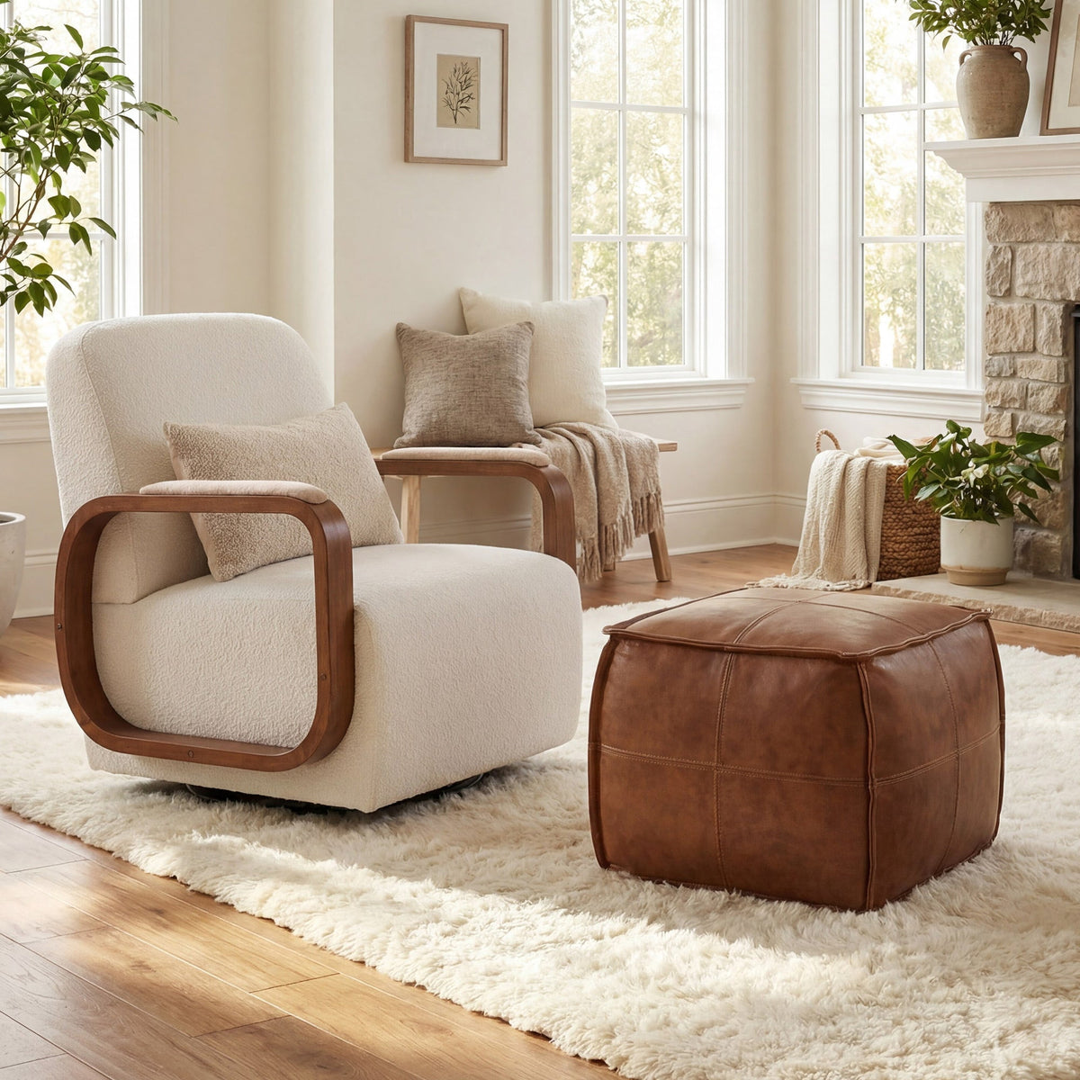 Poshby Genuine Leather Pouf Ottoman with Handmade Stuffed Foot Stool for Living Room&Bedroom, Brown