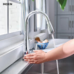 Moen Haelyn Chrome Touchless Single-Handle Pulldown Sprayer Kitchen Faucet with Soap Dispenser, Features Power Clean for a Faster Wash