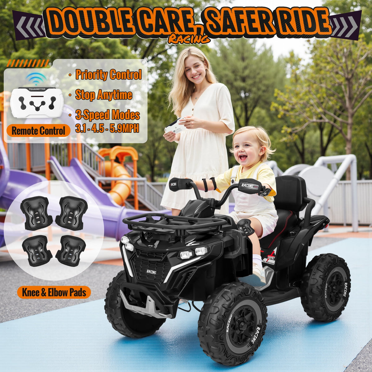 Joyracer ATV for Kids, 24 Volt Ride on Toys, 800W 4 Wheeler with 2 XL Seater, EVA Tires Power Car Wheels with Remote, Knee Pad, Music, Bluetooth, USB