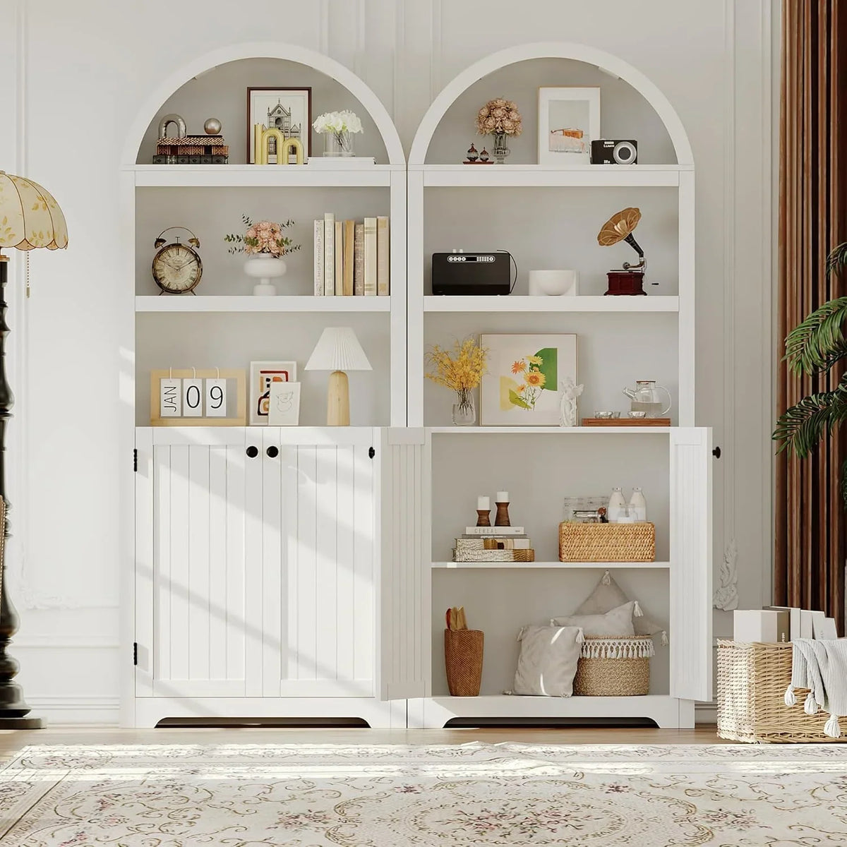 72in Tall Farmhouse 5-Tier Arched Bookcase With Double Doors And Adjustable Shelf