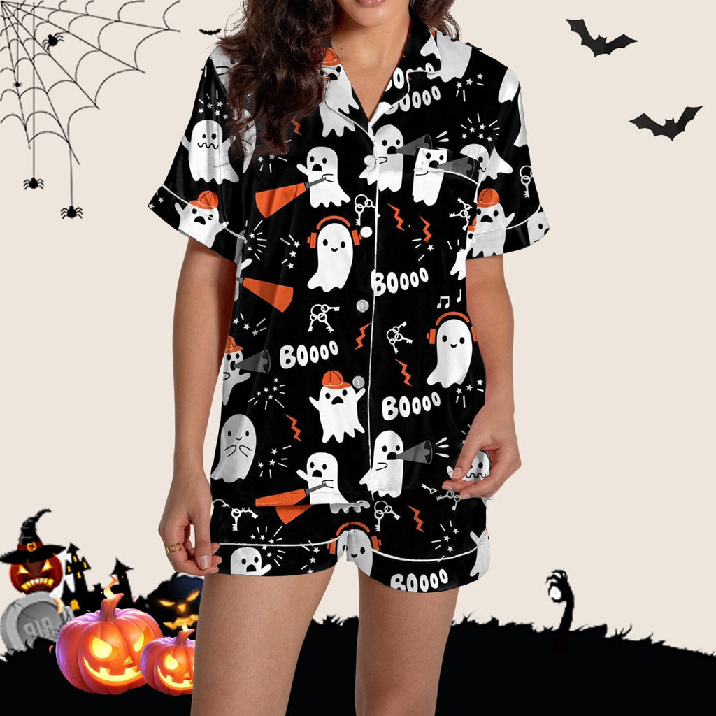 ChenYiFH Halloween Pajama Sets For Women 2 Piece Pumpkin Print Shirts And Pajamas Shorts Button Down Short Sleeve Sleepwear Black S
