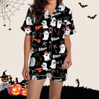 ChenYiFH Halloween Pajama Sets For Women 2 Piece Pumpkin Print Shirts And Pajamas Shorts Button Down Short Sleeve Sleepwear Black S