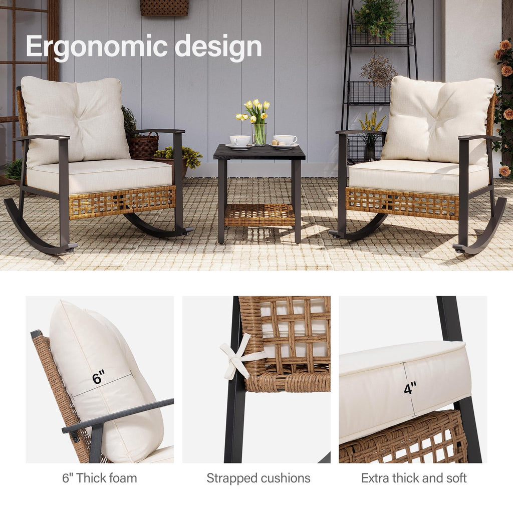 LAUSAINT HOME 3 Pieces Patio Outdoor Conversation Set with 2-Tier Coffee Table, PE Wicker Rocking Chairs with Beige Cushions