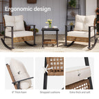 LAUSAINT HOME 3 Pieces Patio Outdoor Conversation Set with 2-Tier Coffee Table, PE Wicker Rocking Chairs with Beige Cushions
