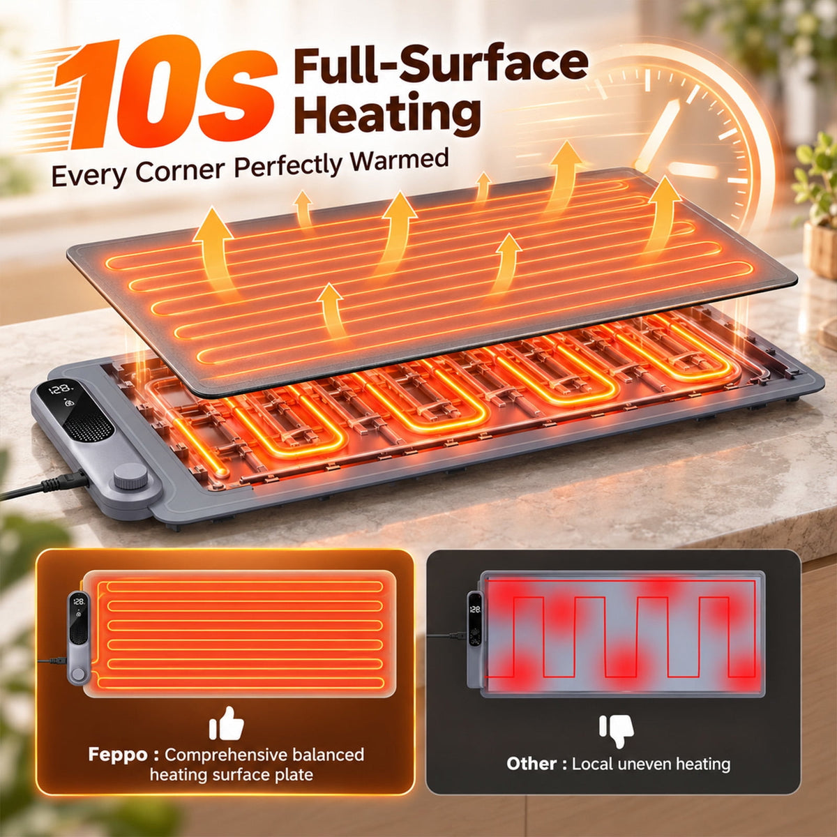 FEPPO Electric Warming Tray, Extra-Long 42" x 12", Fast Full-Surface Heating Warming Mat for Food with 19-Level Adjustable Temperature & 6-Hour Timer