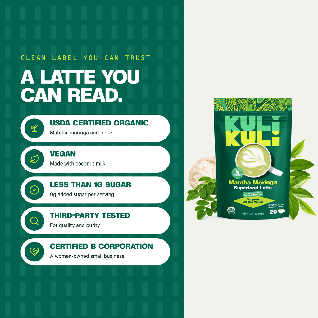 6 pack) Kuli Kuli Organic Matcha Green Tea Moringa Latte, Lion's Mane, Low-Caffeine, 3.41 oz
