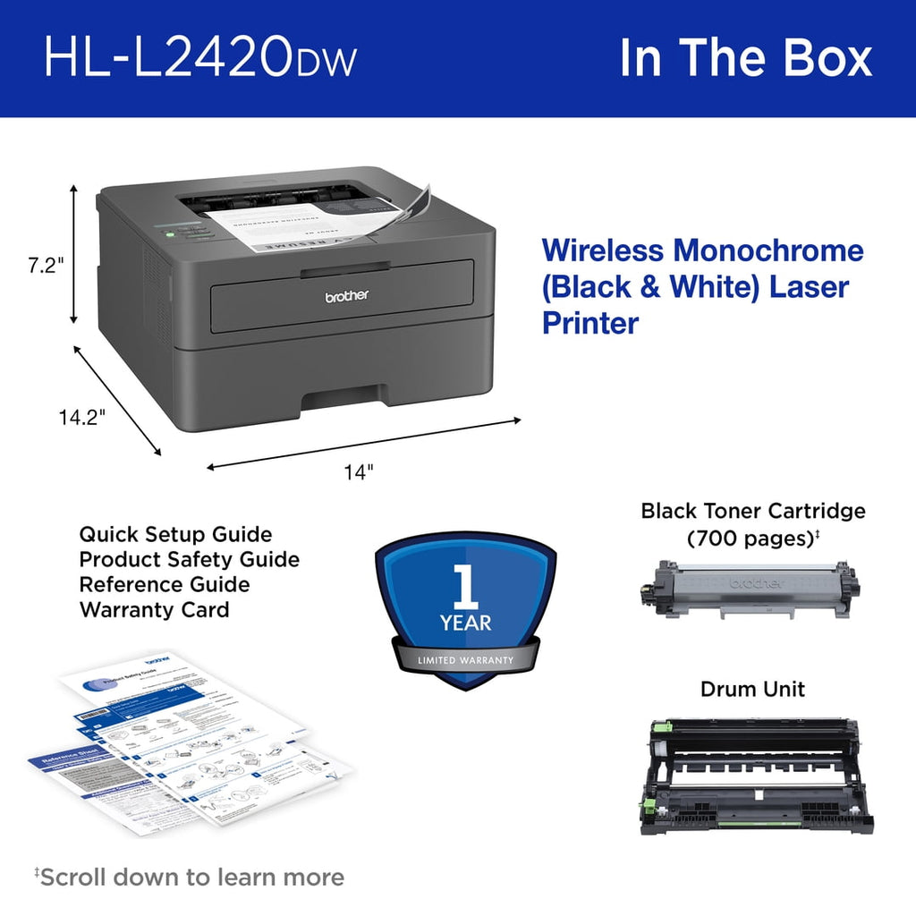 Brother HL-L2420DW Wireless Compact Monochrome Laser Printer with Duplex, Mobile Printing