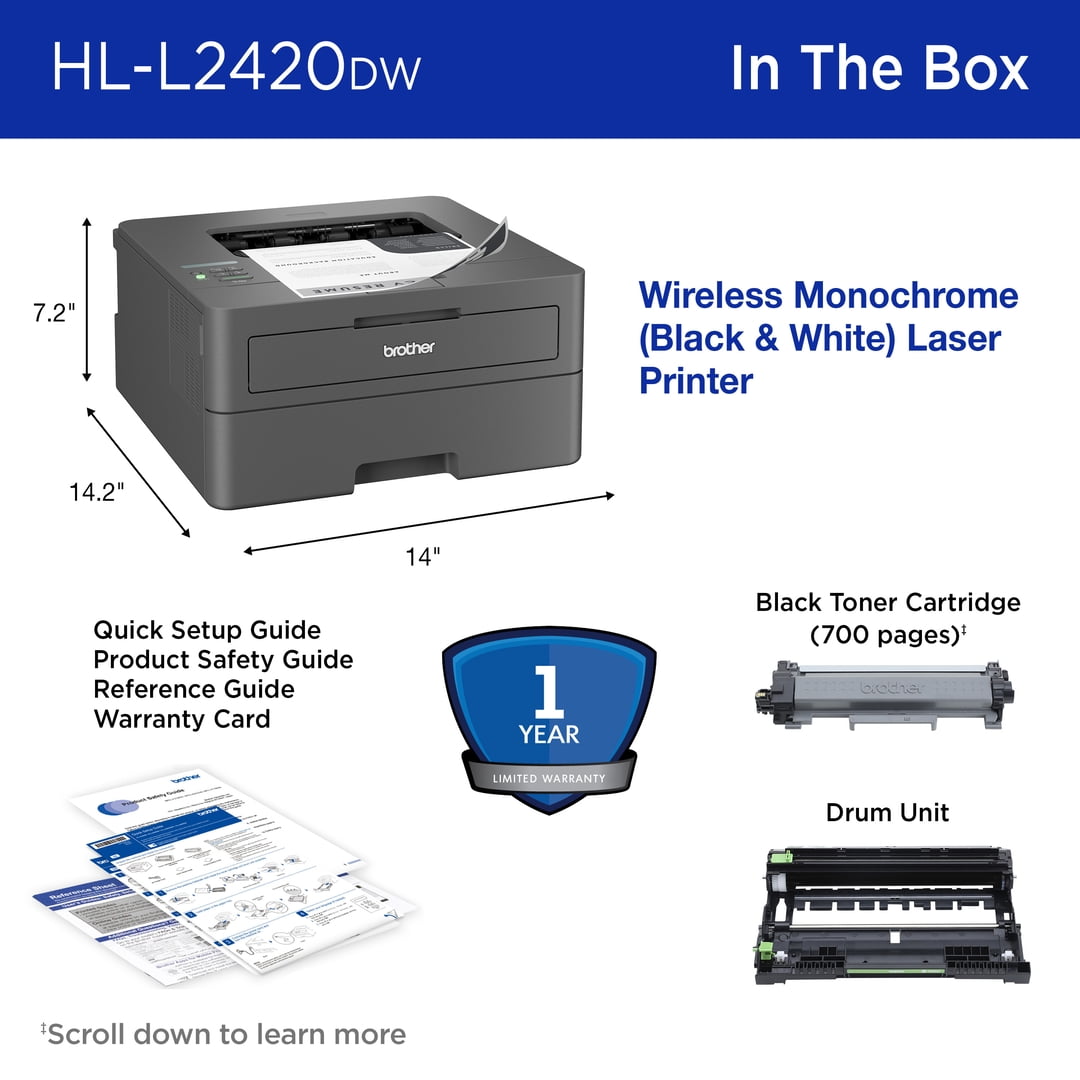 Brother HL-L2420DW Wireless Compact Monochrome Laser Printer with Duplex, Mobile Printing