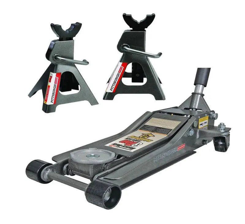 Pittsburg 3-Ton Low-Profile Steel Floor Jack And Stands Combo - Rapid Lift Hydraulic System