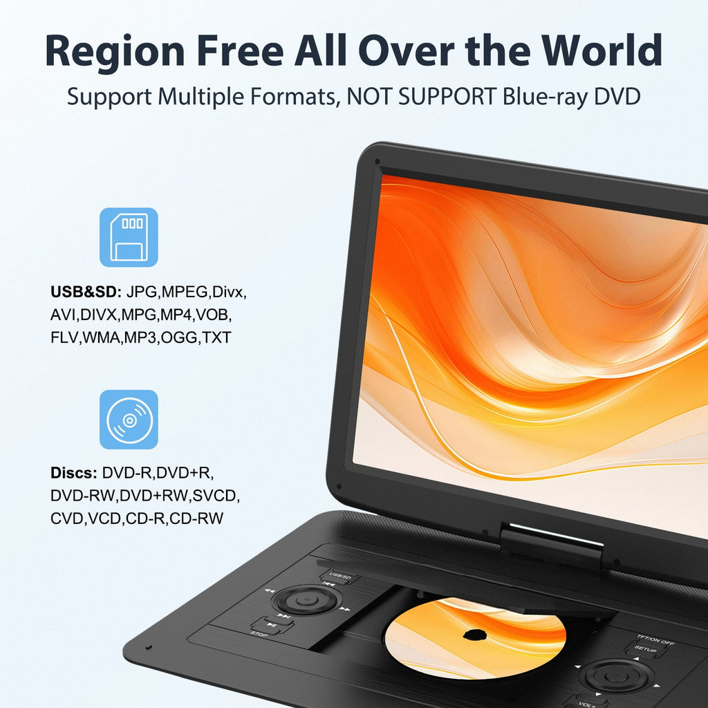 17.9" Portable DVD Player-With 15.6" HD Swivel Screen,, 6 Hours Rechargeable Battery, Support CD/DVD/USB/SD Card/Sync TV，Car Charger