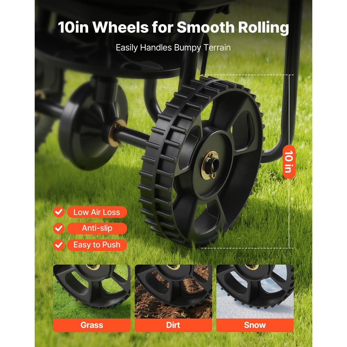 KFFKFF Walk-Behind Spreader Steel Frame Plastic Hopper 15lb Capacity 9.8ft Broadcast Width 10 Inch Pneumatic Tires Adjustable Flow Lawn Fertilizer
