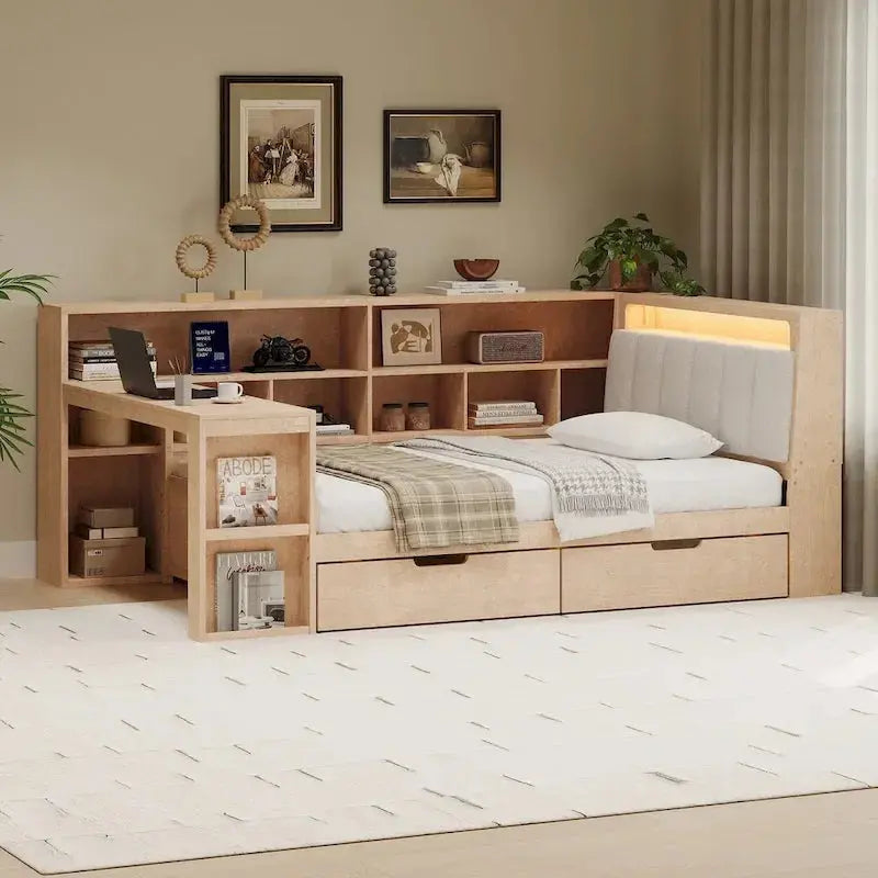 Ivery Furniture L-Shaped Upholstered Daybed With Desk, Bookcase, LED Headboard And Storage