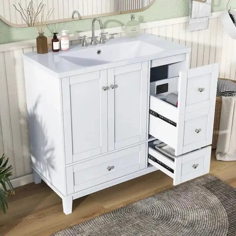 Modern Bathroom Vanity, 36 Inch, USB Charging Port, Resin Basin, Solid Wood, 3-Drawer Storage
