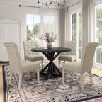 Rustic Wooden 5-Piece Dining Set With Round Cross-Buck Pedestal Table And 4 Tufted Upholstered Chairs - 47.25 x 47.25 x 31.50 in